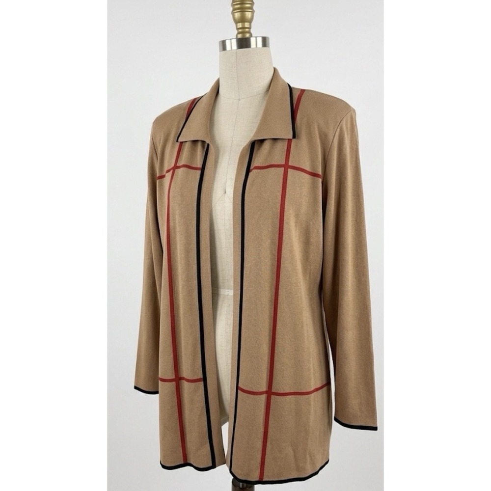 Misook Woman Tan Black Red Plaid Knit Cardigan Career Jacket Plus Size 2X